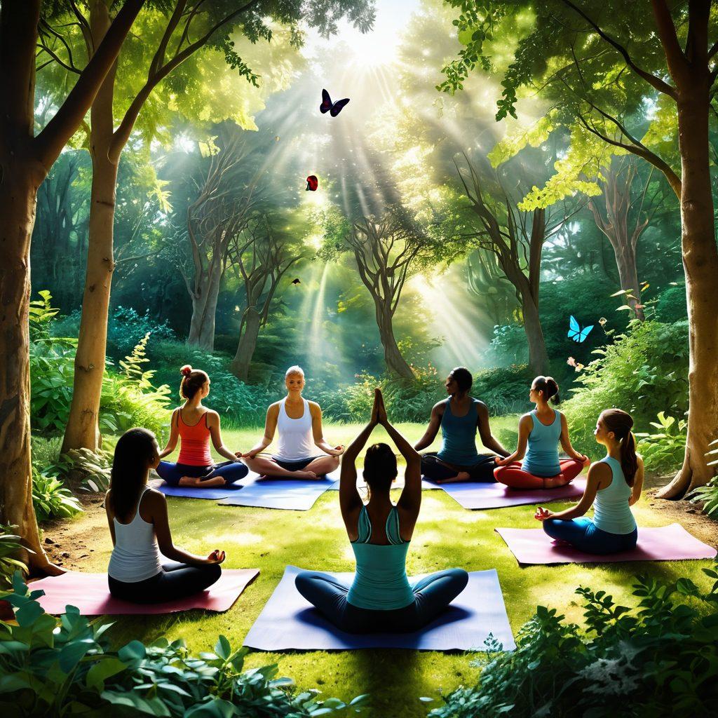 A serene scene depicting a diverse group of individuals, each engaging in holistic healing practices such as yoga, meditation, and herbal therapy, surrounded by lush greenery and sunlight streaming through trees. Incorporate elements symbolizing recovery, such as butterflies and blooming flowers, with a soft, uplifting color palette. The atmosphere should feel inspirational and empowering, evoking a sense of community and hope. super-realistic. vibrant colors. nature background.