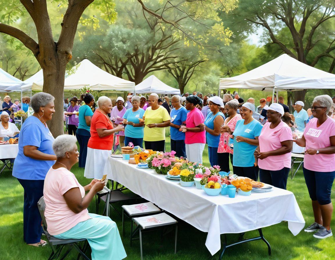 A heartwarming scene depicting a diverse group of cancer survivors engaging in a joyful community wellness event, with vibrant decorations, healthy food stalls, and fitness activities. In the background, a serene park setting with trees and flowers symbolizes hope and healing. People of varying ages and backgrounds share moments of laughter and support, showcasing resilience and transformation. soft pastel colors. painting.