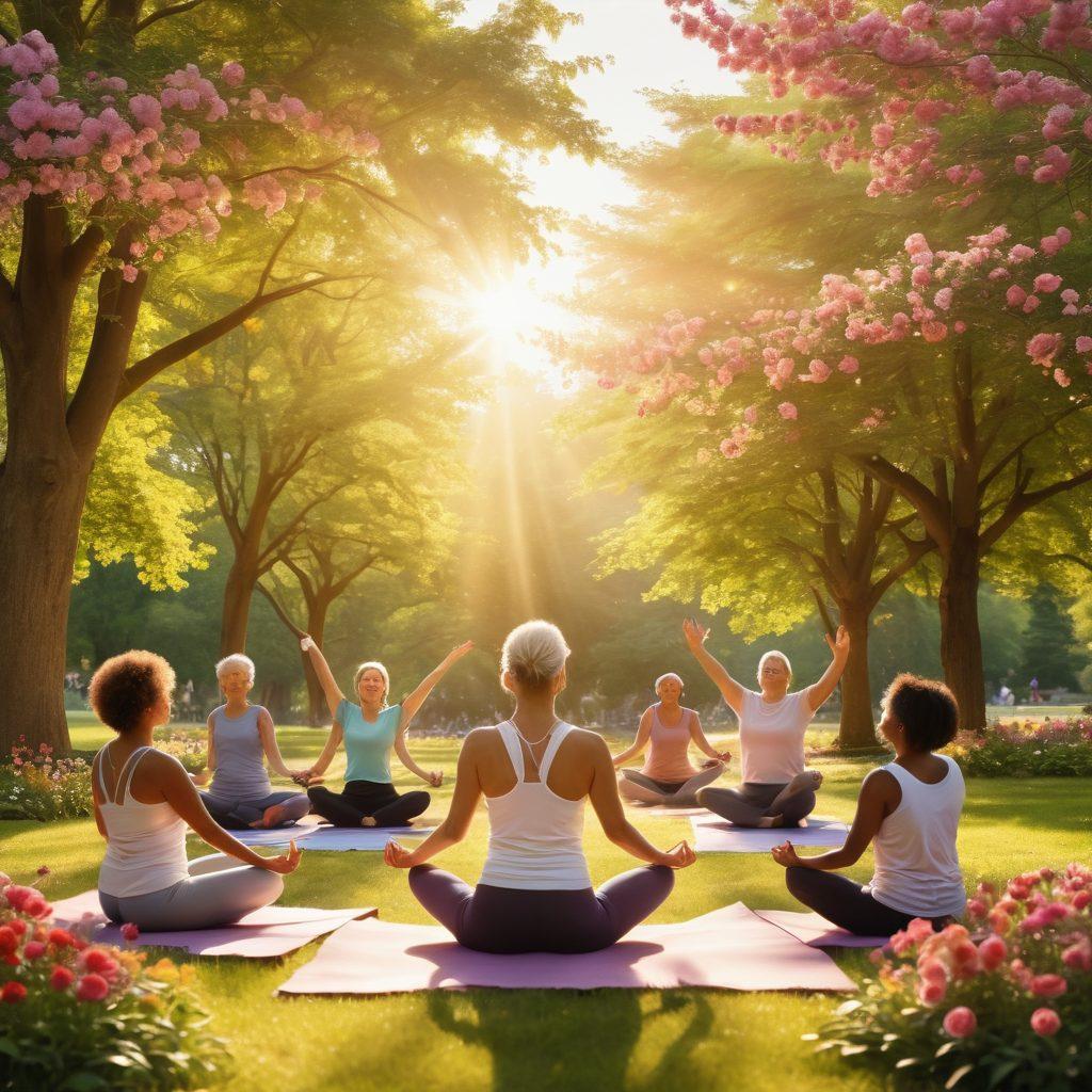 A serene and uplifting scene depicting a diverse group of cancer survivors celebrating life together in a sunlit park, with vibrant flowers blooming around them. Each person is engaging in different activities like yoga, painting, and laughing, symbolizing hope and resilience. A soft golden light filters through the trees, creating an inspiring atmosphere. super-realistic. vibrant colors. warm tones.